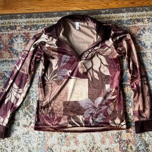 Velvet Floral Print Long Sleeve Top - Burgundy & Taupe